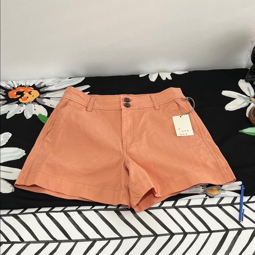 a new day Coral-Peach Cotton Blend with Stretch Mid-Rise Shorts